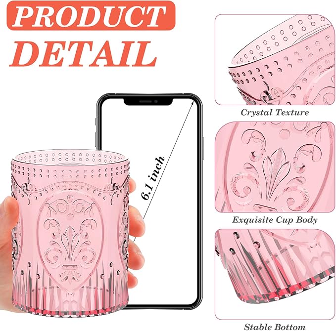 48 Plastic Vintage Drinking Glasses 8.5oz Stemless Retro Embossed Wine Glasses Shatterproof Reusable Cups for Baby Shower Wedding Reception Grand Event Party (Pink)