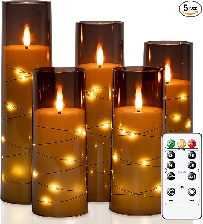 Raycare Flameless Candle with Remote Timer – 5 Flickering Acrylic Battery Operated LED Pillar Candles with Embedded Star String for Christmas, Home Decor, and as a Gift(Grey)
