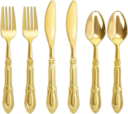 Nervure 300PCS Gold Plastic Silverware - Heavy Duty Disposable Cutlery Set,Luxury Gold Plastic Utensils include 100Pcs Forks, 100Pcs Spoons, 100pcs Knives Perfect for Wedding,Party,Daily Use