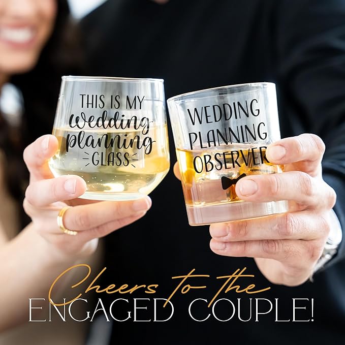 Wedding Planning Glass Engagement Gifts for Couples - Wine Whiskey Fiance Gift for Her and Him - Newly Engaged Couple Unique Glasses with Diamond Wine Stopper
