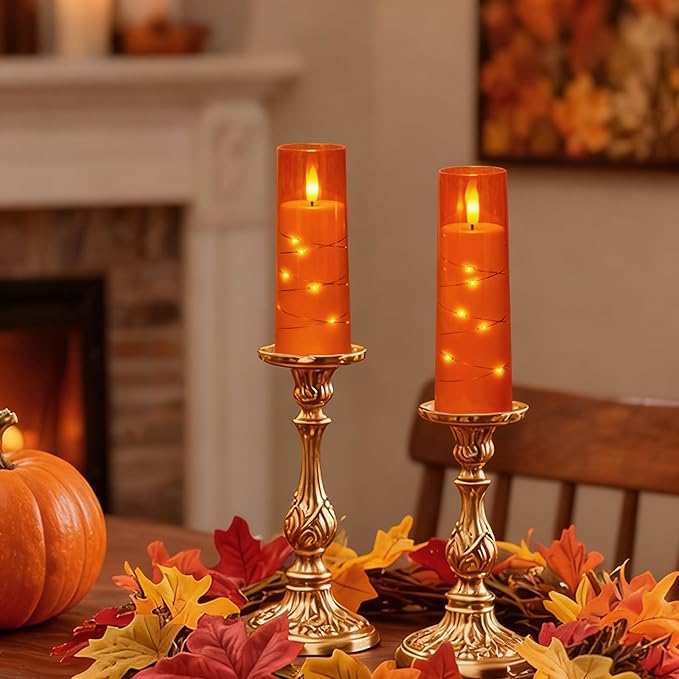 Raycare Flameless Candle with Remote Timer – 5 Flickering Acrylic Battery Operated LED Pillar Candles with Embedded Star String for Halloween, Home Decor, and as a Gift(Orange)