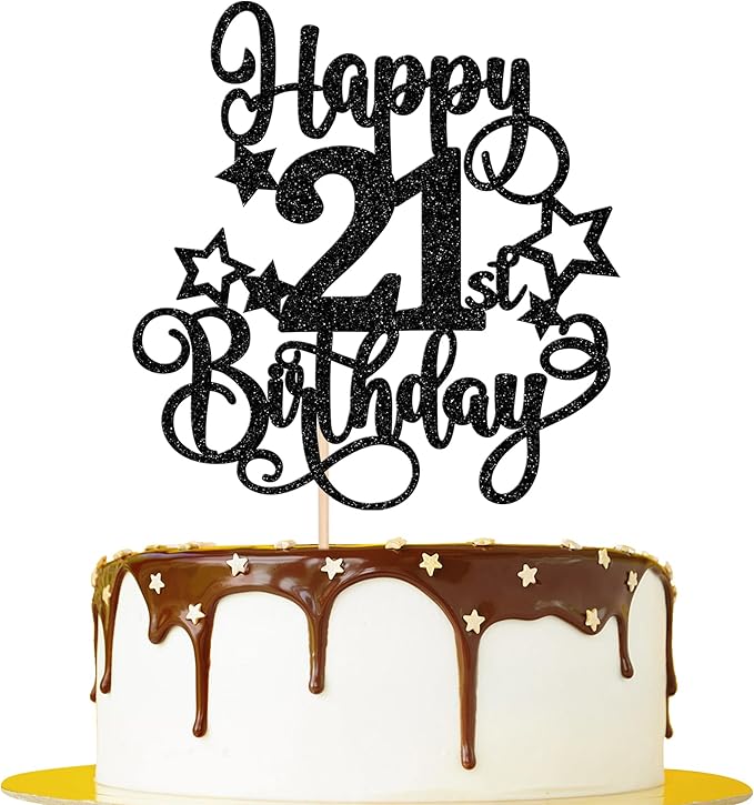 1 PCS Happy 21st Birthday Cake Topper Glitter Cheers to 21 Years Birthday Cake Pick Hello 21 Fabulous Cake Decoration for Happy 21st Birthday Anniversary Party Decorations Supplies Black