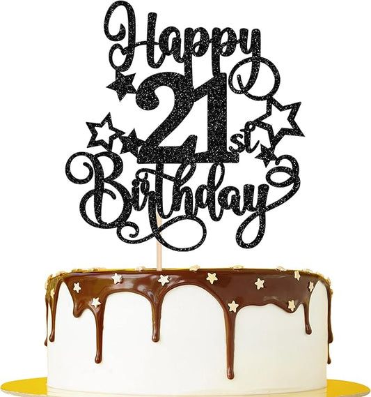 1 PCS Happy 21st Birthday Cake Topper Glitter Cheers to 21 Years Birthday Cake Pick Hello 21 Fabulous Cake Decoration for Happy 21st Birthday Anniversary Party Decorations Supplies Black