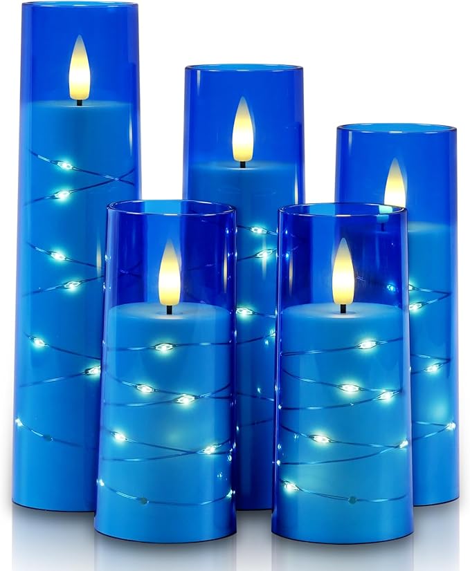 Raycare Flameless Candle with Remote Timer – 5 Flickering Acrylic Battery Operated LED Pillar Candles with Embedded Star String for Christmas, Home Decor, and as a Gift(Blue)