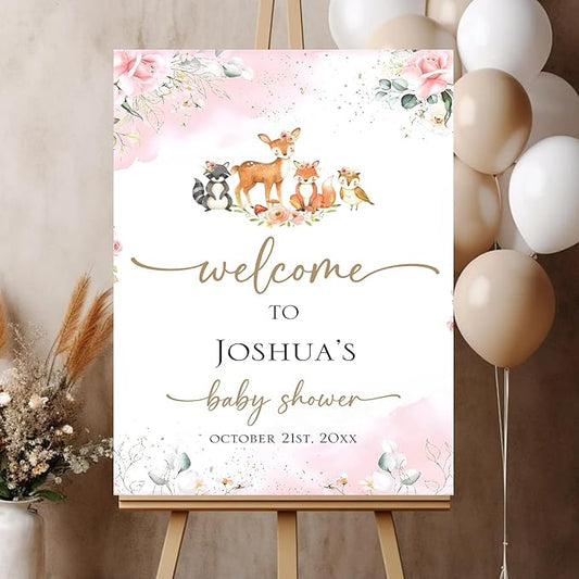Baby Shower Sign, Woodland Animal, Welcome Baby Shower, 12x18, 18x27, 24x36 inches, Plastic, Rustic