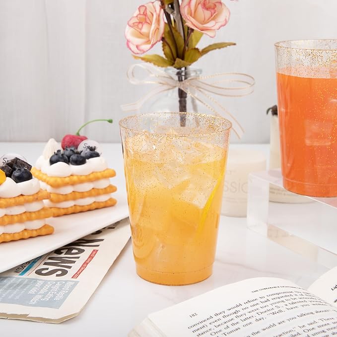 I00000 100 Pack 12 oz Gold Glitter Cups, Clear Disposable Cups, Gold Plastic Wine Glasses Cocktail Glasses Heavy Duty Cups, 12 Ounce Glitter Plastic Tumblers for Party