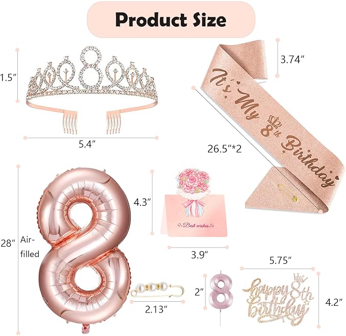 8th Birthday Decorations for Girls, Including 8 year old Birthday Cake Topper, Queen Sash with Pearl Pin, Sweet Rhinestone Tiara Crown, Number Candles and Balloons Set, Rose Gold