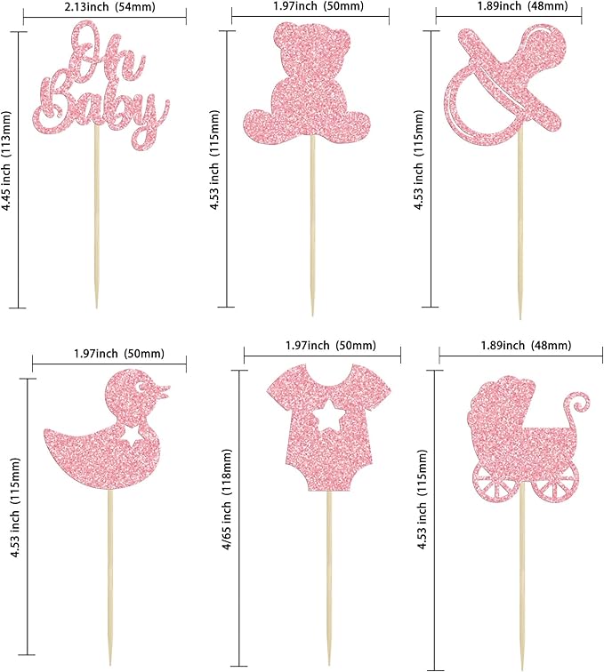 Gyufise 36Pcs Oh Baby Cupcake Toppers Glitter Pacifier Bear Cupcake Picks Cake Decorations for Gender Reveal Baby Shower Kids Boys Girls Birthday Party Supplies Pink