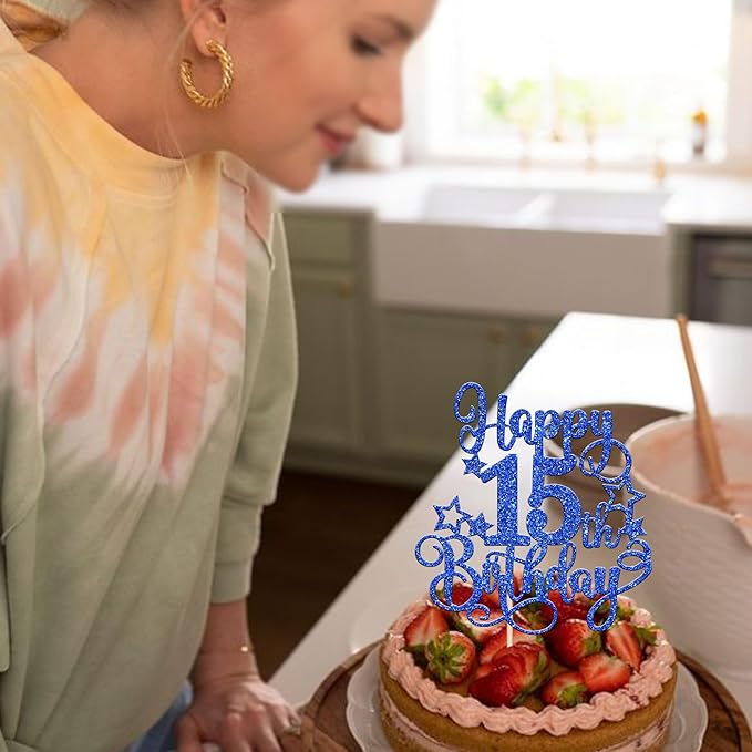 1 PCS Happy 15th Birthday Cake Topper Glitter Cheers to 15 Years Birthday Cake Pick Hello 15 Fabulous Cake Decoration for Happy 15th Birthday Anniversary Party Decorations Supplies Blue