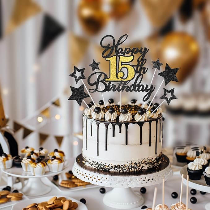 Happy 15th Birthday Cake Toppers, Black Gold Glitter Cake Decorations Set, 15th Birthday Decor for Boy Girl, Birthday Anniversary Party Decorations Supplies