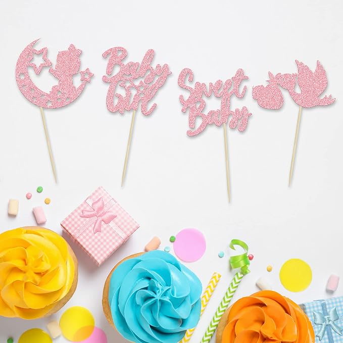 24Pcs Sweet Baby Girl Cupcake Toppers Moon Star Light Pink Glitter Baby Shower Cupcake Picks Decorations for Gender Reveal Baby Shower Kids Girls Birthday Party Supplies
