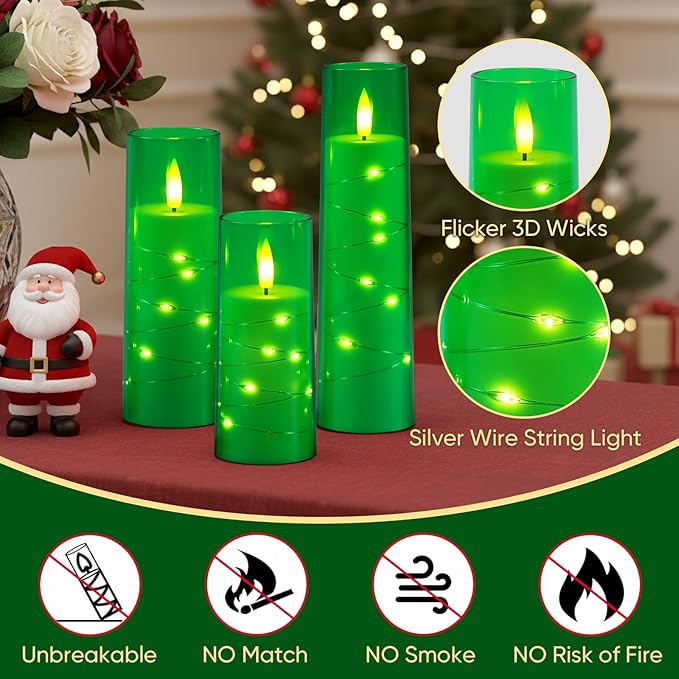Raycare Flameless Candle with Remote Timer – 5 Flickering Acrylic Battery Operated LED Pillar Candles with Embedded Star String for Christmas, Home Decor, and as a Gift(Green)