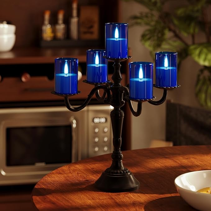 12Pack Flickering Flameless LED Candles with Timer, Battery Powered - Small Pillar & Votive, Acrylic Made, Blue (2"X3")