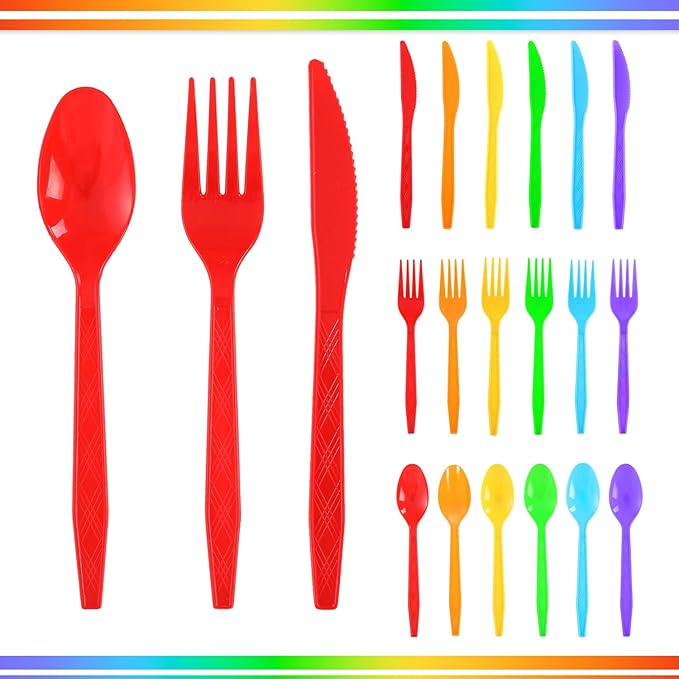 180Pcs Rainbow Red Orange Yellow Green Blue Purple Plastic Silverware Heavy Duty Disposable Flatware Cutlery Set Includes Forks Spoons Knives for Rainbow-Themed Birthday Halloween Pride Party