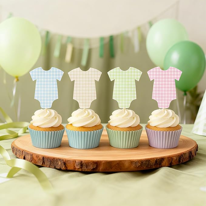 ALISSAR 36 Pcs Blue Pink & Sage Green Gingham Cupcake Toppers - Baby Shower Decorations for Boys Girls & Gender Neutral, Bodysuit & Cake Toppers Set, Diaper Cake Decor, Gender Reveal Party Supplies