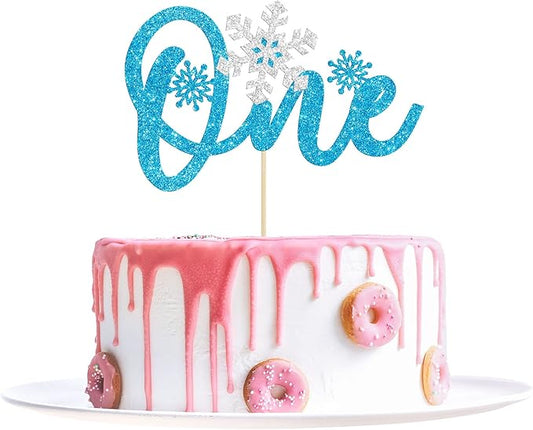 1 Pack Snowflake One Cake Topper Glitter Baby Shower Winter Snowflake First Birthday Cake Topper Decorations for Winter Frozen Theme Baby Shower 1st Birthday Party Supplies Blue