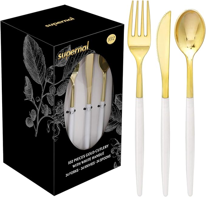 Supernal 102pcs Gold Plastic Cutlery, Durable Plastic silverware,Disposable Cutlerty with White Handle,Include 34 Forks,34 Knvies,34 Spoons, Suit for Wedding,Birthday,Party