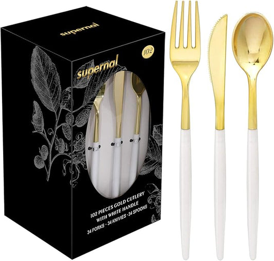 Supernal 102pcs Gold Plastic Cutlery, Durable Plastic silverware,Disposable Cutlerty with White Handle,Include 34 Forks,34 Knvies,34 Spoons, Suit for Wedding,Birthday,Party