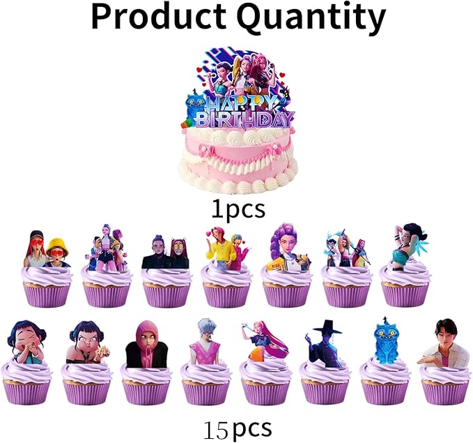 16Pcs Cute Anime Cake Decorations with 15pcs Cupcake Toppers, 1pcs Happy Birthday Cake Topper, Cartoon Themed Party Supplies, Perfect for Birthday Party Decorations