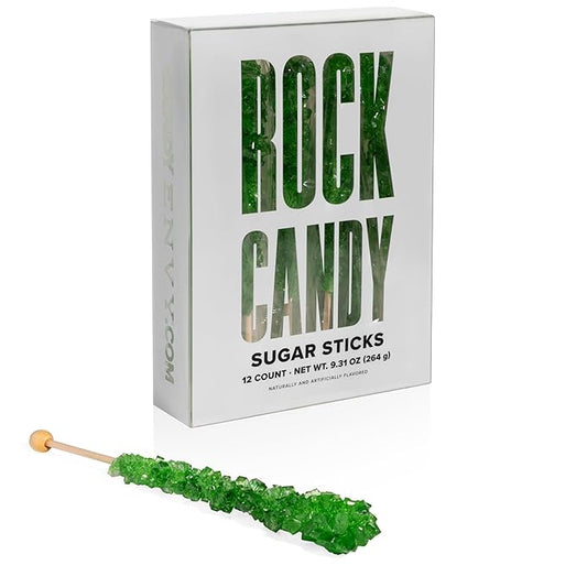 Green Rock Candy Sugar Sticks - Green Apple Flavored - 12 Individually Wrapped Candy Party Favors