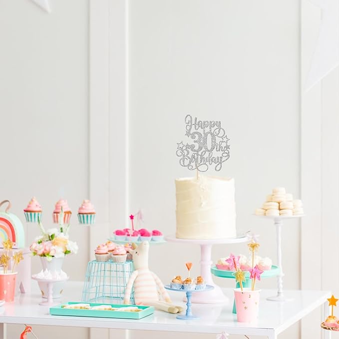 1 PCS Happy 30th Birthday Cake Topper Glitter Cheers to 30 Years Birthday Cake Pick Hello 30 Fabulous Cake Decoration for Happy 30th Birthday Anniversary Party Decorations Supplies Silver