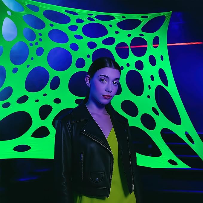 Mesh Party Decoration Background Cloth 9.5ft x 7ft Black Light Party Decoration Spandex Lycra Mesh with Eyelets for Installation (Neon Green, 9.5ft x 7ft)