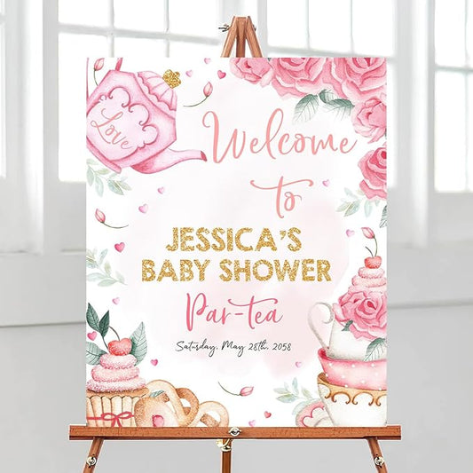 Baby Shower Welcome Sign - Personalized, High Tea Whimsical Garden Theme, Multiple Size