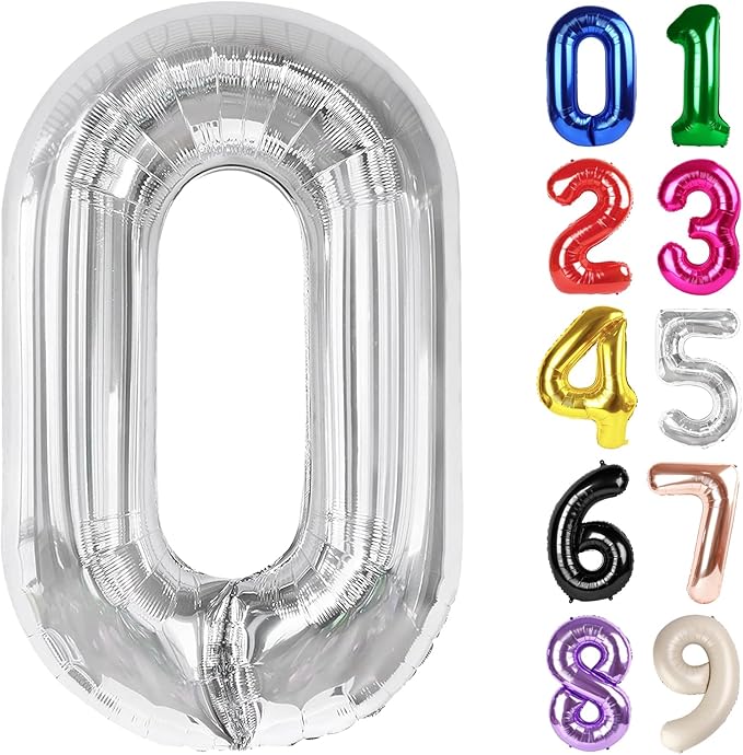 0 Balloon - Silver Birthday Number Balloons, 40 Inch Large Foil Balloons for Men Women Boys Girls Silver Themed Birthday Decorations