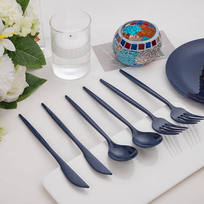PULOTE 150PCS Blue Plastic Silverware Set - Plastic Cutlery Disposable - Heavy Duty Blue Plastic Utensils Include 50 Forks, 50 Knives,50 Spoons for Party&Wedding