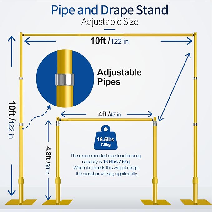 Pipe and Drape Backdrop Stand, 10x10ft Heavy Duty Adjustable Backdrop Frame with Metal Base, Background Holder for Parties Photography Wedding Photoshoot Decoration - Gold