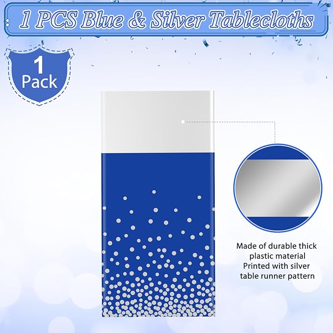 1Pcs Blue Silver Tablecloth Party Decorations,Plastic Royal Blue Table Cloth Printed Silver Table Runner Disposable Rectangle Tables Cover for Anniversary Wedding Graduation 2024 Party,54 x108 Inch