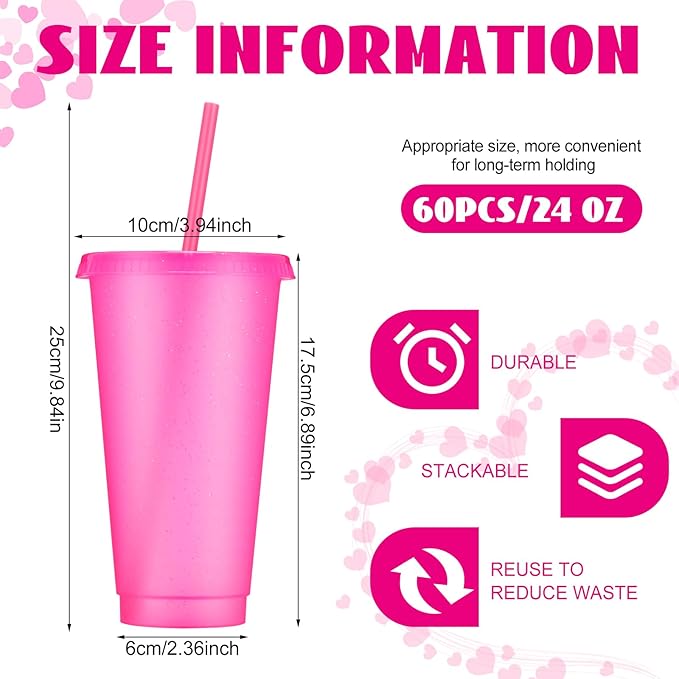 Honeydak 60 Pack Tumbler with Straw and Lid Bulk Glitter Plastic Cups Water Bottle Iced Coffee Travel Mug Reusable Party Favor Cups for Birthdays travel 24-27 oz (Hot Pink)
