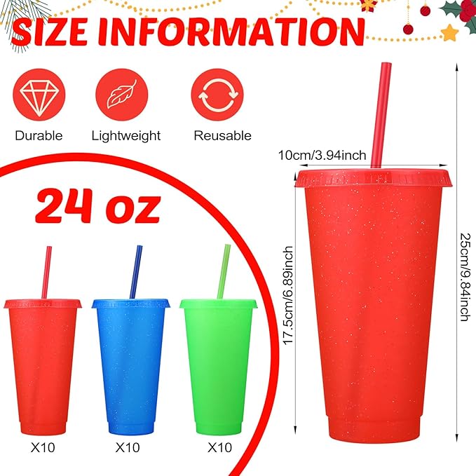 Honeydak 30 Pack Tumbler with Straw and Lid Bulk Cups for Gifts Glitter Plastic Coffee Cups 24-27 oz Reusable Water Bottle Iced Coffee Travel Mug Party Favors for Birthdays Travel (Primary Color)