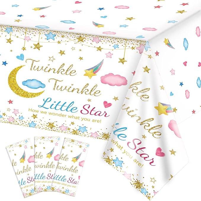 Oigco 3 Packs Twinkle Twinkle Little Star Gender Reveal Party Decorations Tablecloths，Pink Blue Little Star Gender Reveal Tablecloth for Baby Shower Supplies Girls or Boys Theme Party 54" x 108"