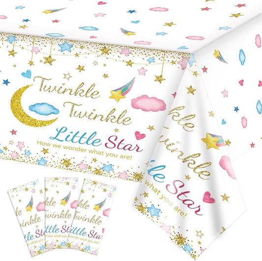 Oigco 3 Packs Twinkle Twinkle Little Star Gender Reveal Party Decorations Tablecloths，Pink Blue Little Star Gender Reveal Tablecloth for Baby Shower Supplies Girls or Boys Theme Party 54" x 108"
