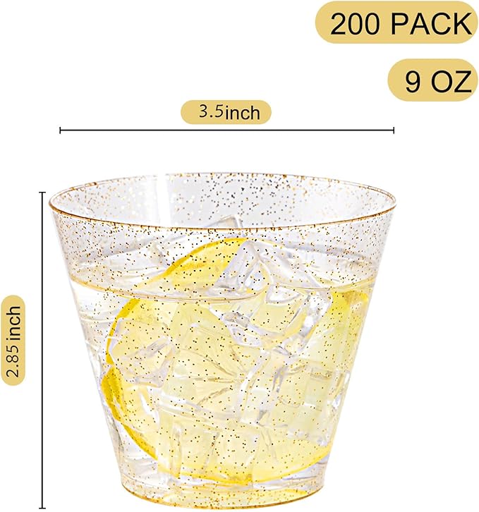 I00000 200pcs Gold Plastic Cups - 9 OZ Hard Gold Glitter Disposable Cups for Cocktail & Drinking - Premium Disposable Plastic Glasses with Gold Glitter for Fancy Wedding Cups Elegant Party Glasses