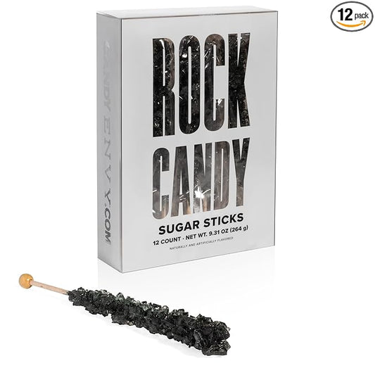 Black Rock Candy Sugar Sticks - Black Cherry Flavored - 12 Individually Wrapped Candy Party Favors