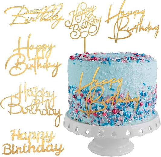 Gold Happy Birthday Cake Toppers, 6PCS Mirror Side Acrylic Cake Decorations for Birthday Cake Decor Birthday Party Supplies