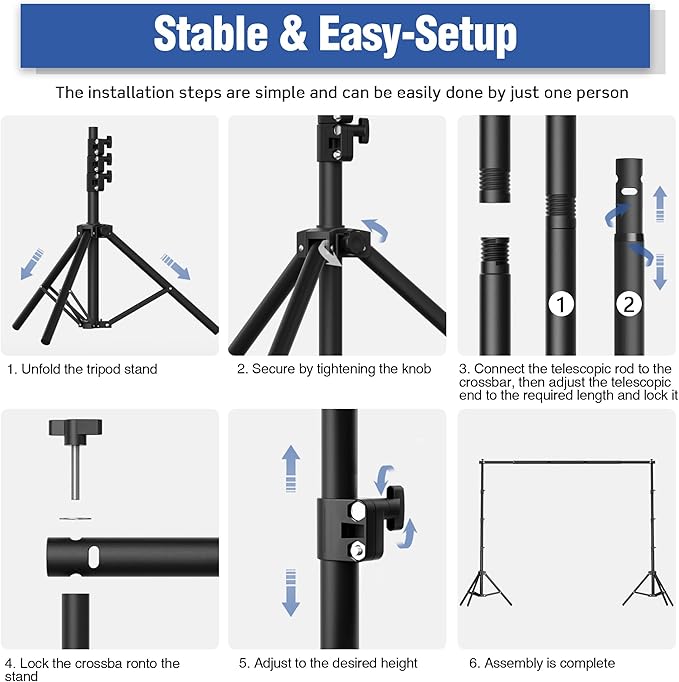 Backdrop Stand 10 x 8 FT for Photography Studio, Telescopic Adjustable Background Stand for Parties, Photoshoot Backdrop Stand with Spring Clamps, Sandbags, Carry Bag