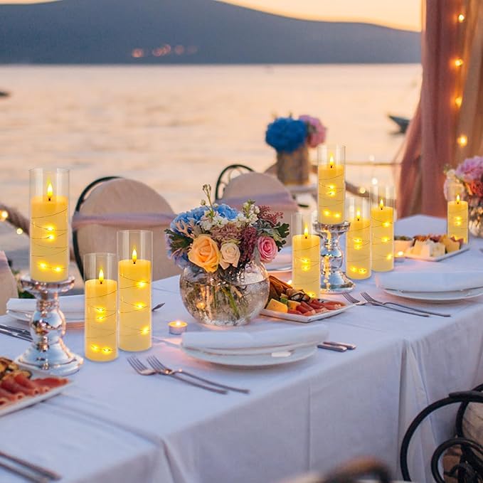 24 Pack Acrylic Flameless Candles,with Embedded Star String, Battery Operated Candles Flickering LED Pillar Candles with Remote Control and Timer, Ideal for Indoor/Outdoor Decor,Wedding,BBQ and Gift.