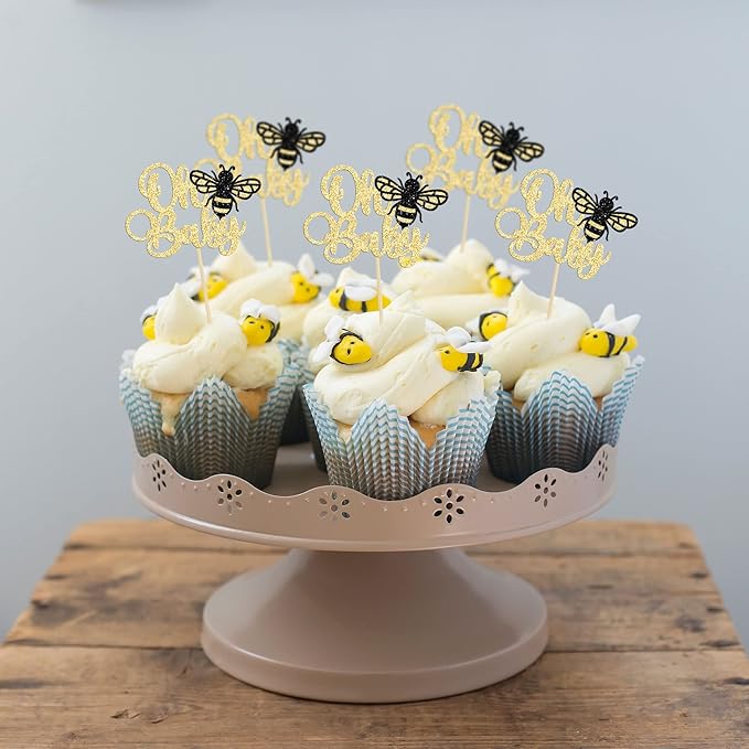 Ephlyn 24Pcs Bumble Bee Cake Toppers, Gold Glitter Cupcake Picks for Birthday, Baby Shower, Kids Party Decorations