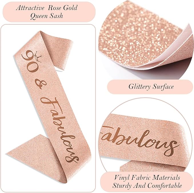 90th Birthday Decorations Gifts for Women, Including 90 year old Birthday Cake Topper, Queen Sash with Pearl Pin, Sweet Rhinestone Tiara Crown, Number Candles and Balloons Set, Rose Gold