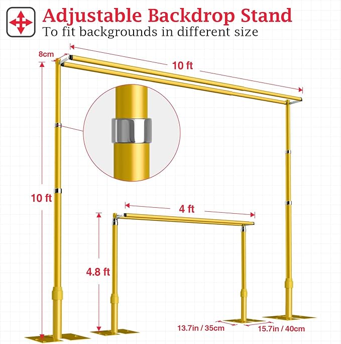 EMART Backdrop Stand Heavy Duty 10x10Ft, Double Crossbar Pipe and Drape Photo Background Support Kit, Adjustable Metal Frame with Flat Base for Wedding Birthday Party Decorations-Gold