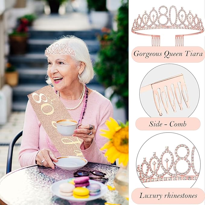 80th Birthday Gifts Decorations for Women, Including 80 year old Birthday Cake Topper, Queen Sash with Pearl Pin, Sweet Rhinestone Tiara Crown, Number Candles and Balloons Set, Rose Gold