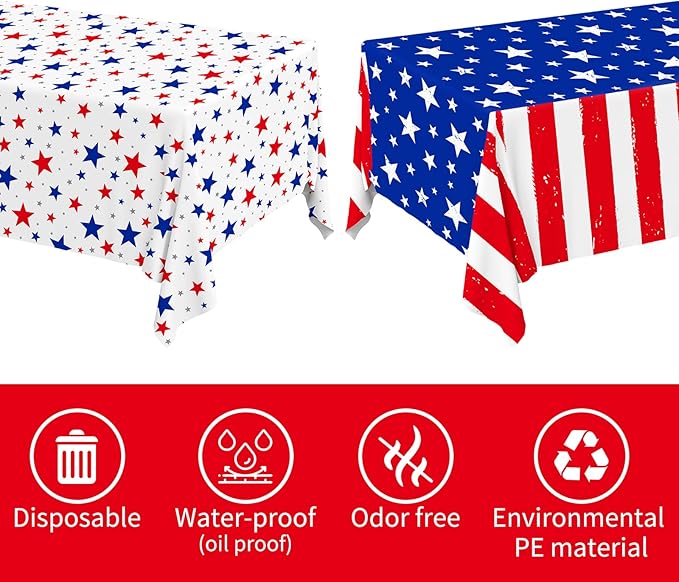 Gatherfun 4th of July Party Supplies Set- American Flag Patriotic Theme Kit for Independence & Election Day Decorations, Disposable Plastic Tablecloth - for Patriotic & 4th of July Decorations,2PCS