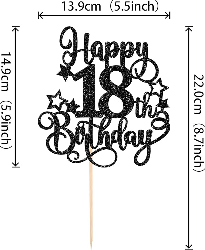 1 PCS Happy 18th Birthday Cake Topper Glitter Cheers to 18 Years Birthday Cake Pick Hello 18 Fabulous Cake Decoration for Happy 18th Birthday Anniversary Party Decorations Supplies Black