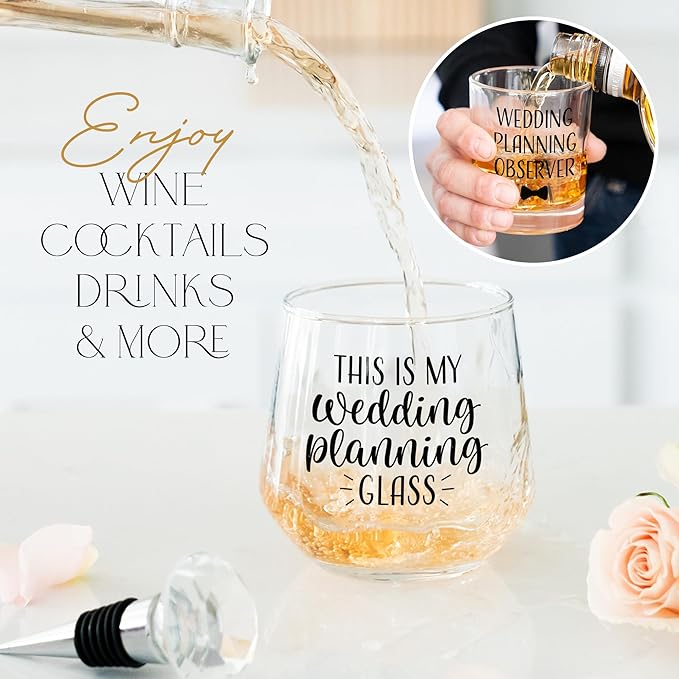 Wedding Planning Glass Engagement Gifts for Couples - Wine Whiskey Fiance Gift for Her and Him - Newly Engaged Couple Unique Glasses with Diamond Wine Stopper