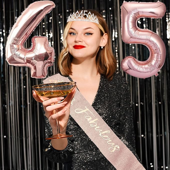45th Birthday Gifts Decorations for Women, Including 45 year old Cake Topper, Birthday Queen Sash with Pearl Pin, Sweet Rhinestone Tiara Crown, Number Candles and Balloons Set, Rose Gold