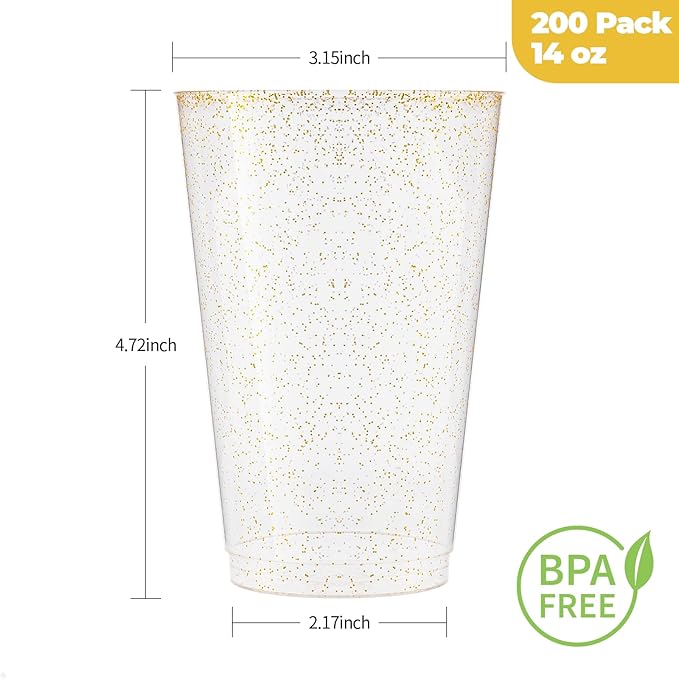 Goodluck 14 oz 200 PCS Gold Glitter Plastic Cups, Disposable Glitter Cups, Elegant Plastic Cocktail Glasses, Fancy Party Cups for Wedding, Birthday, Holiday