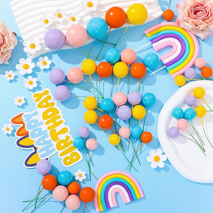 63 Pcs Cake Toppers with Balls Daisy Rainbow Cake Topper, Blue Cake Topper Pastel Cupcake Toppers Cake Decorations for Birthday Wedding Groovy Party Supplies